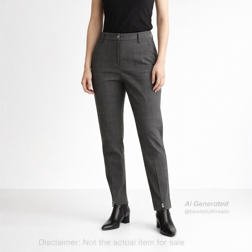 InWear Size 10 Grey Check Stretch Ankle Zip Pants Tailored Modern